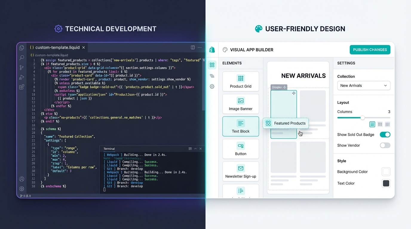 Split screen graphic comparing custom Liquid code editor with a simple visual app interface