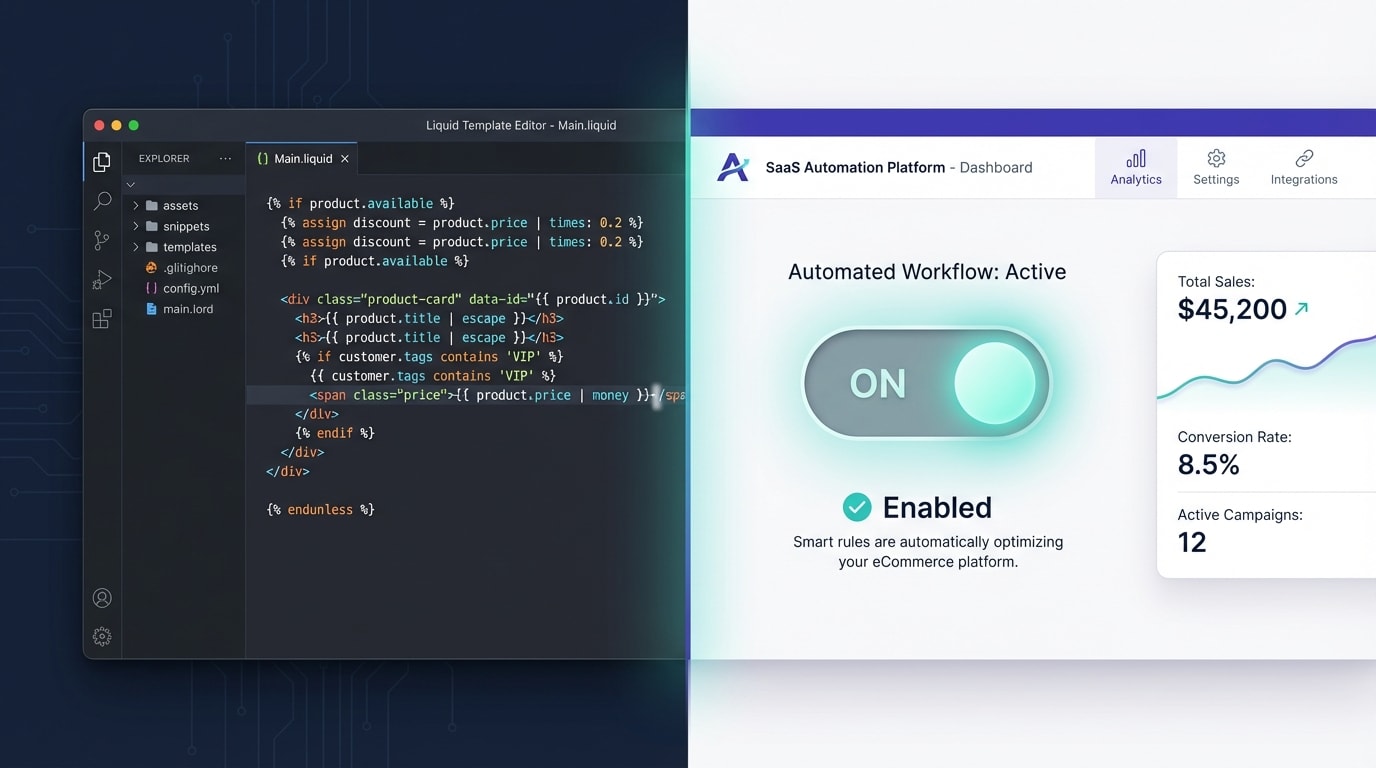 Split screen illustration showing complex Liquid code on one side and a simple no-code app toggle on the other