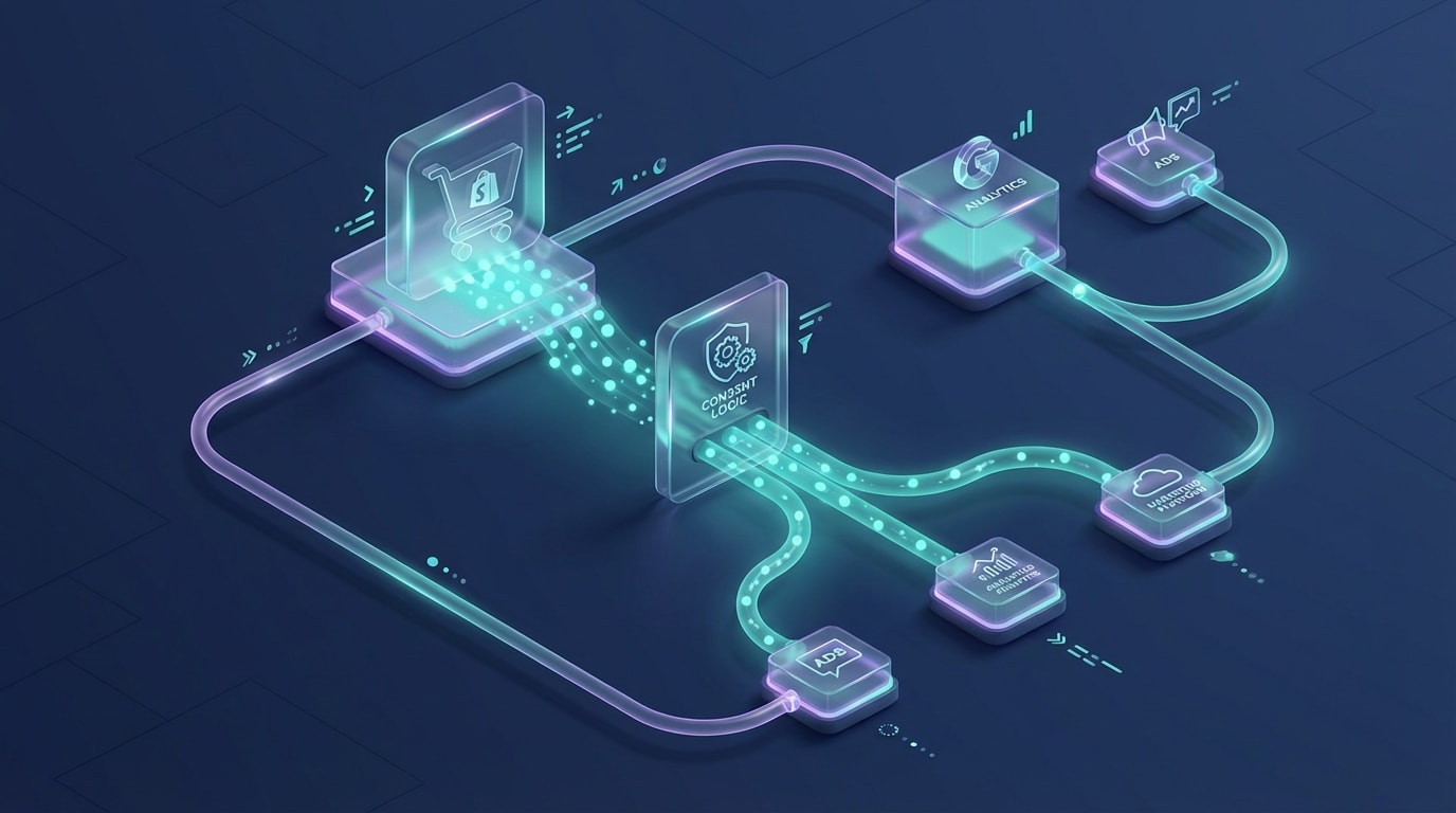 Technical flow chart showing how Shopify pixels interact with Google Consent Mode v2 tags
