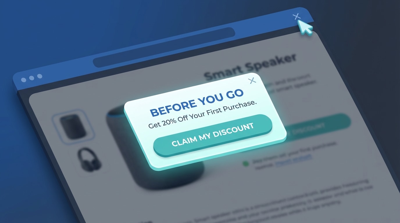 Visual of an exit-intent popup triggering when the mouse leaves the browser viewport on a product page