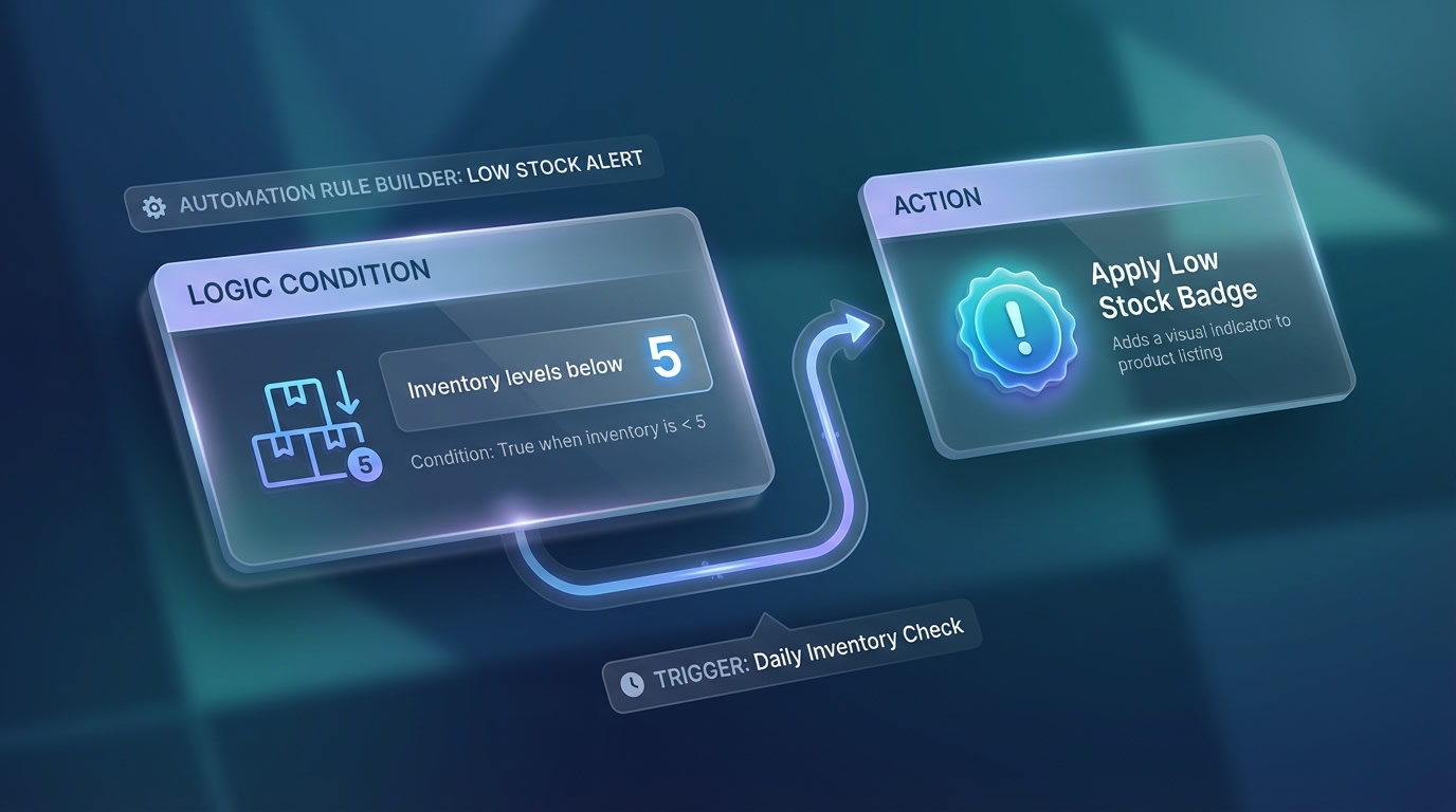 Visual rule builder interface showing IF inventory is less than 5 THEN apply Low Stock badge