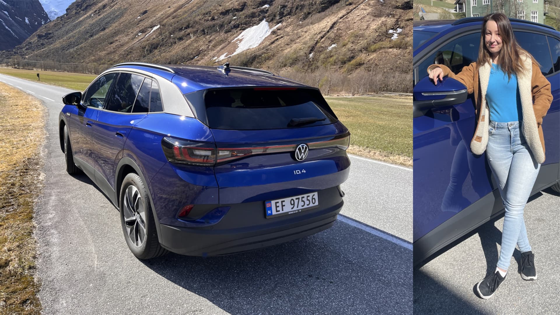 Volkswagen ID.4 fra Frydenbø Bil parkert foran fjell i Stardalen, Jølster og Natalia Anna Fonn innfelt.