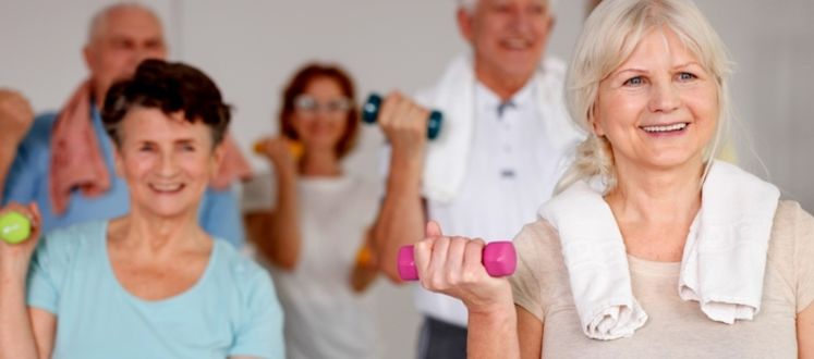 An image of a group of senior members using light dumbbells