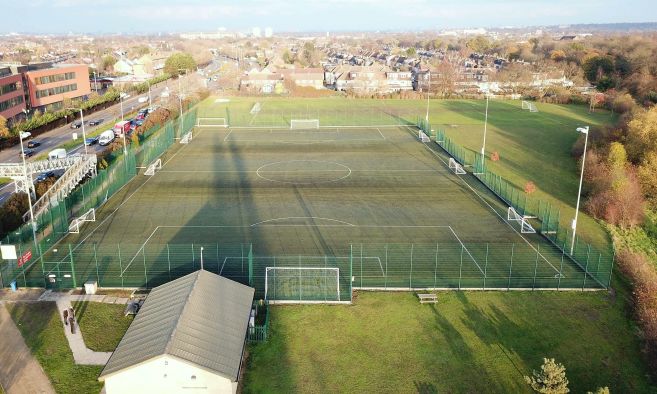 Lincoln Field full pitch and pavilion birds eye view