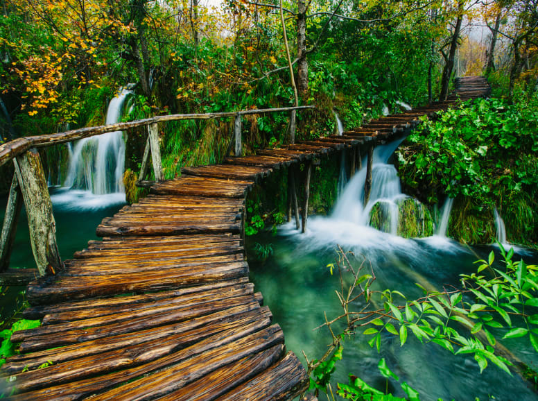 Waterfalls and Wooden Bridge in Plitvice Lakes Croatia