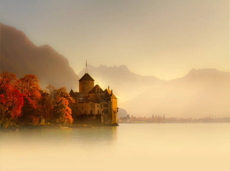 Sunrise at Chillon Castle over Lake Geneva