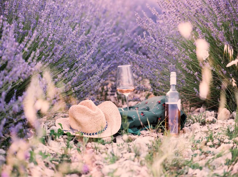 Wine and hat on top of a blanket in a field of lavender