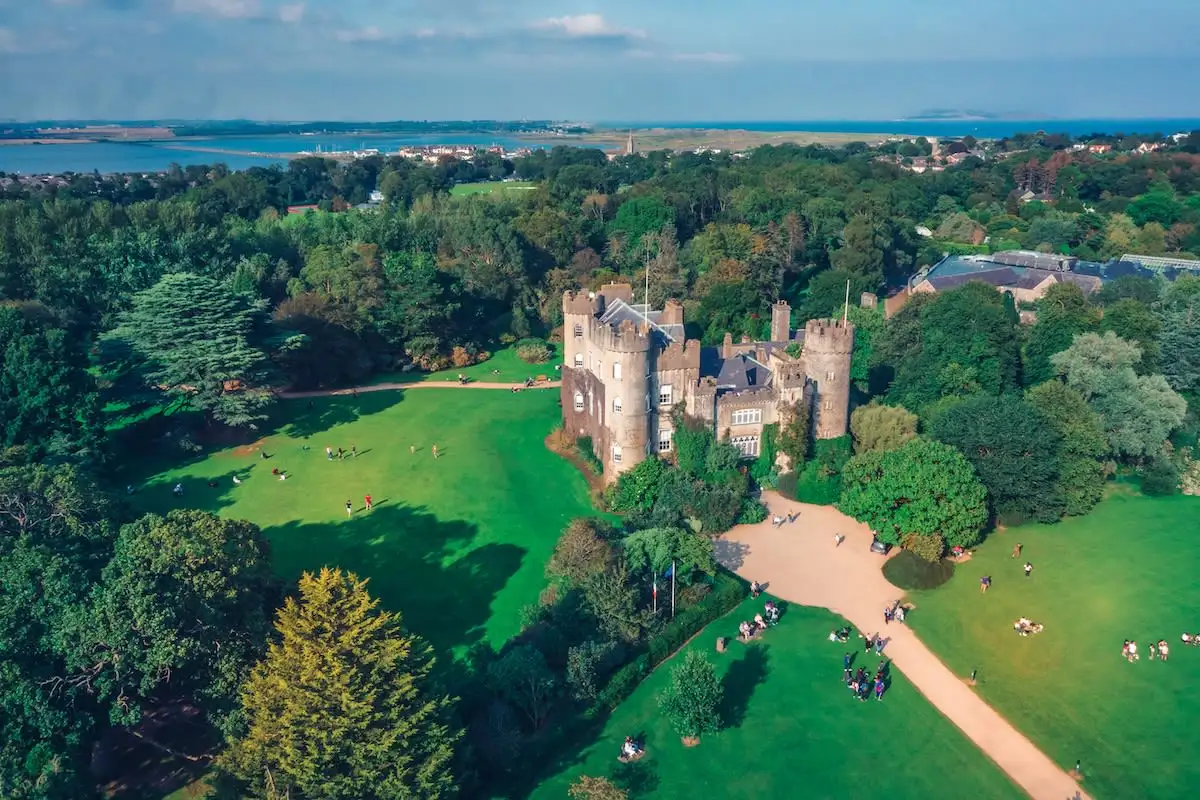 aerial view of Malahide Castle with green grass