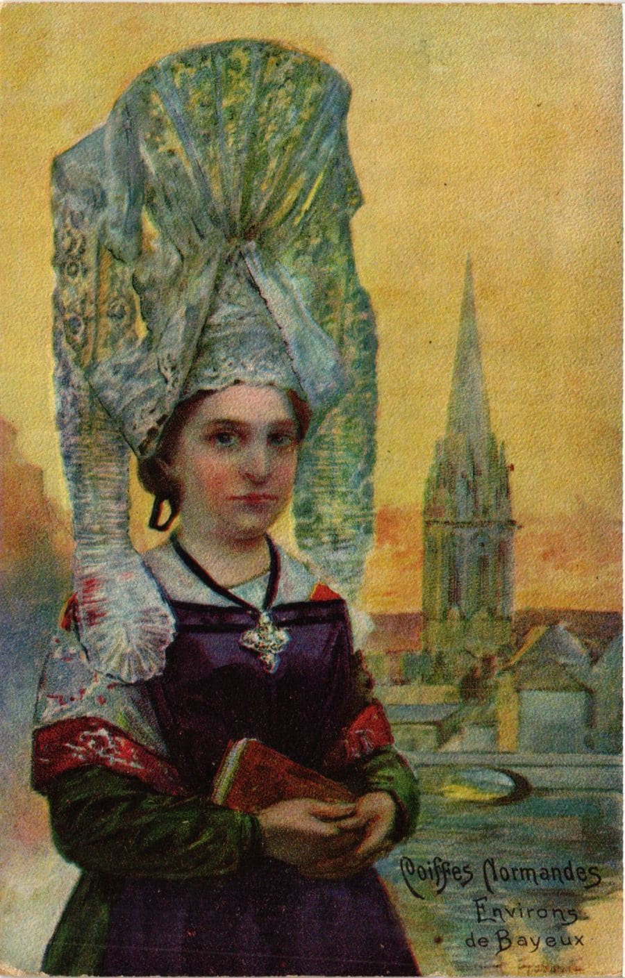 A painting of a woman with a lace head dress