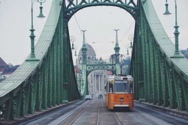 A Tram Crossing a Bridge in Budapest