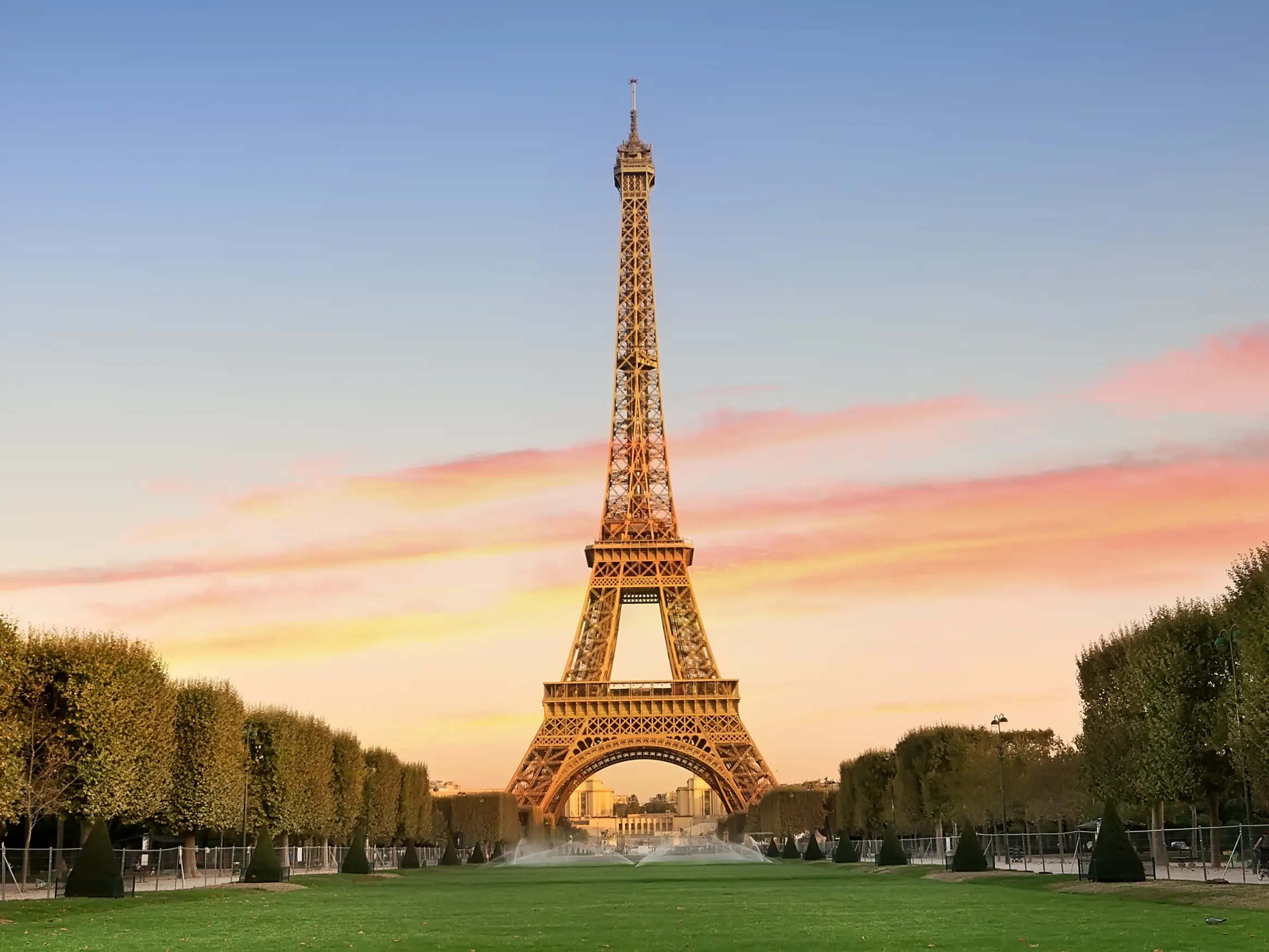 the Eiffel tower at sunset in Paris