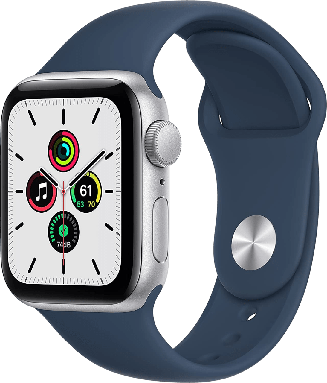 Abyss Blue Apple Watch SE GPS, Silbernes Aluminiumgehäuse und Sportarmband, 40 mm.1
