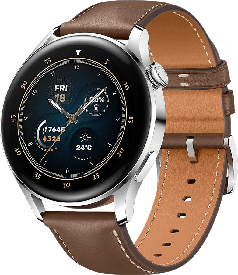 Braun Smartwatch Huawei Watch 3 Classic GPS, roestvrij stalen behuizing en lederen band, 46mm.1