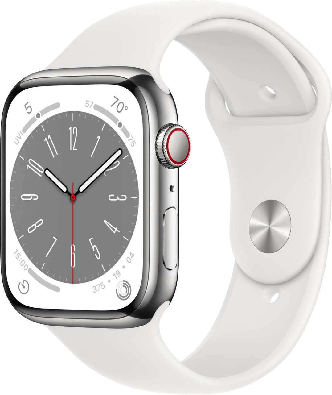 Weiß Apple Watch Series 8 GPS + Cellular, Stainless Steel Case and Sport Band, 45mm.1