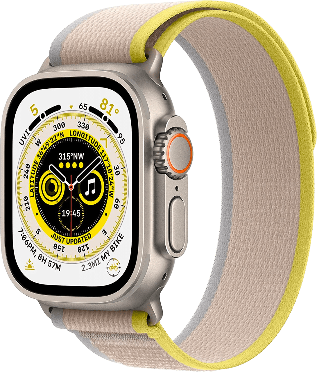 Gelb/Beige Apple Watch Ultra GPS + Cellular, Silver Titanium Case and Trail Loop, S/M.1