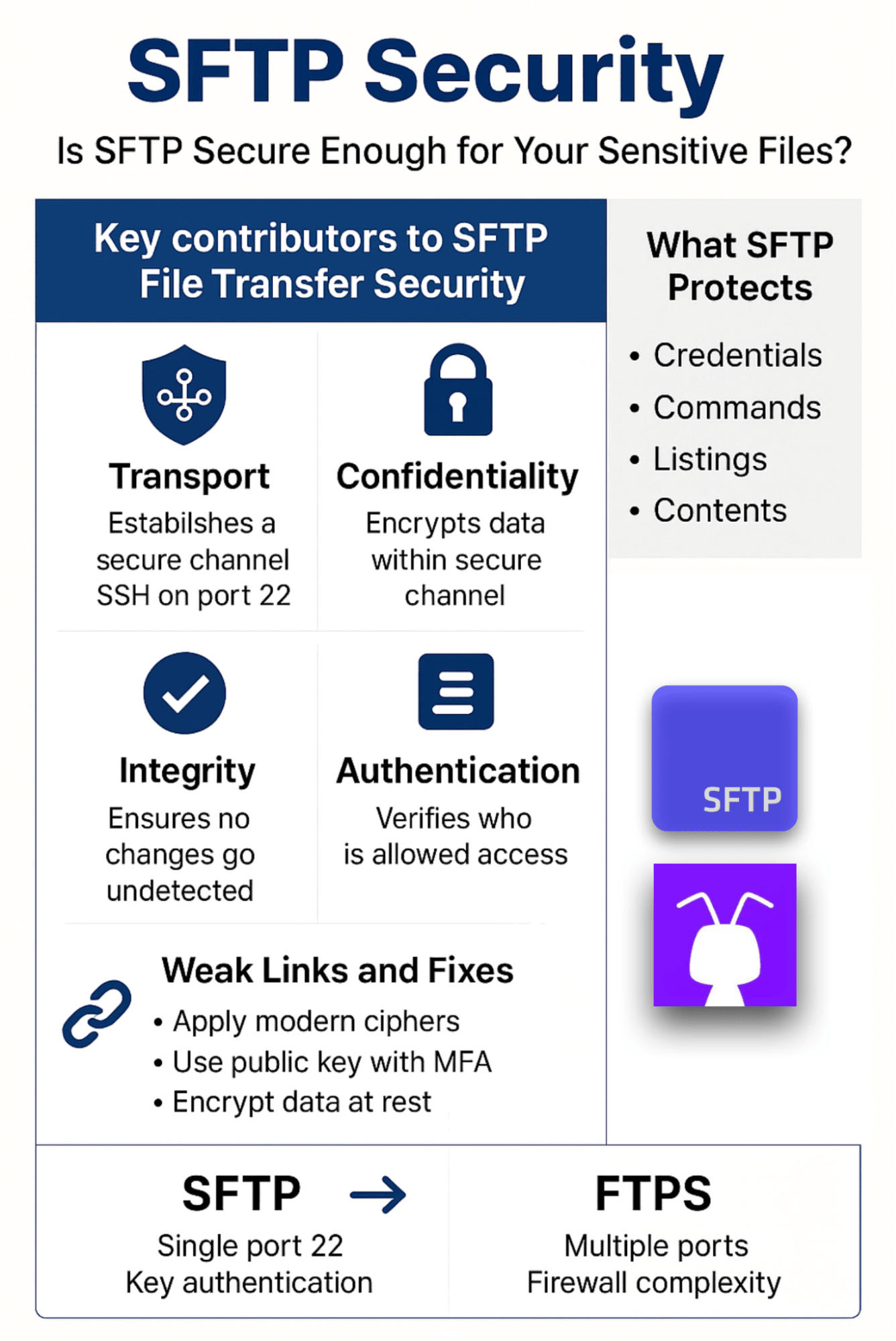 SFTP security key contributors and weak links what it protects infographic