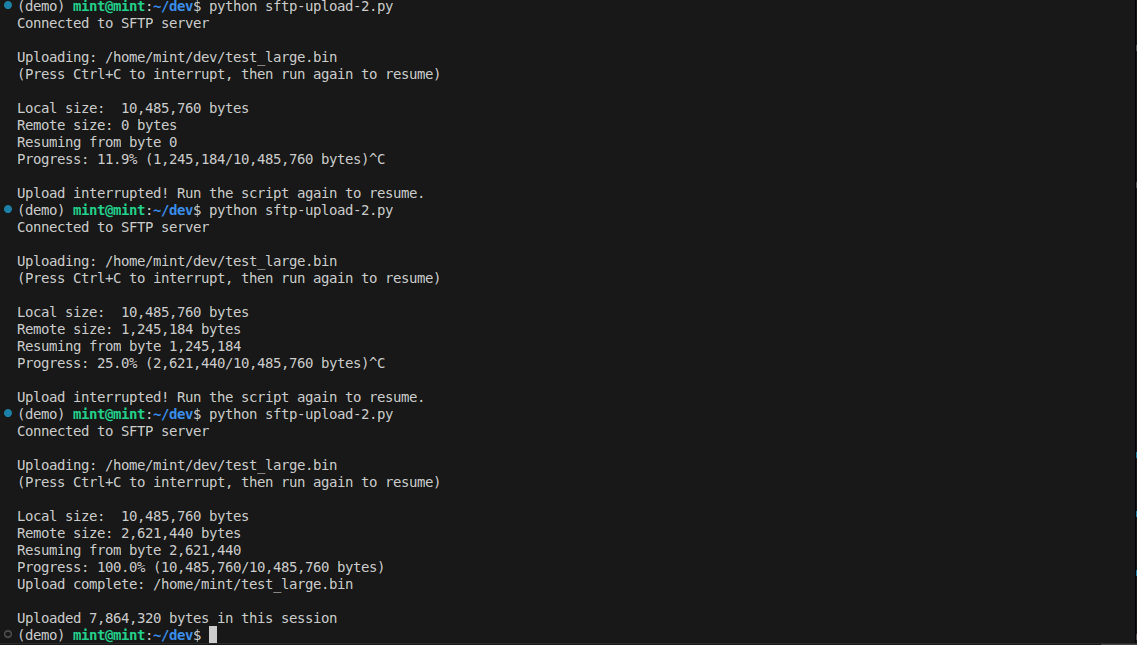 resume interrupted sftp transfer