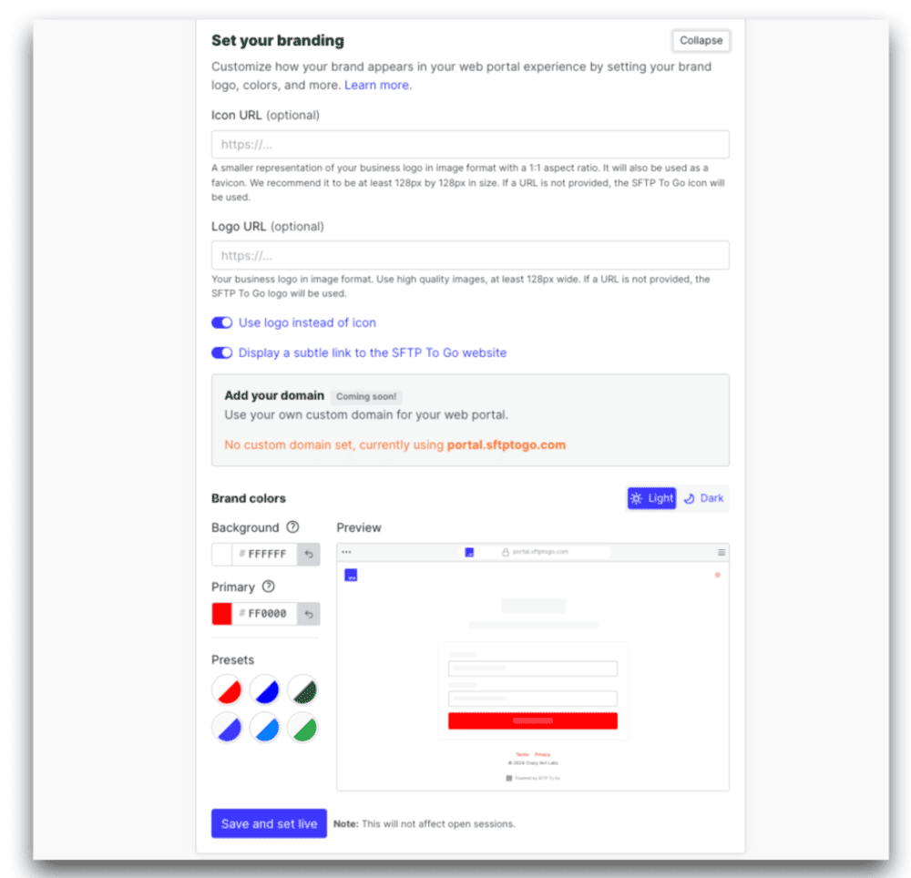 alternative to wetransfer sftp to go branding settings