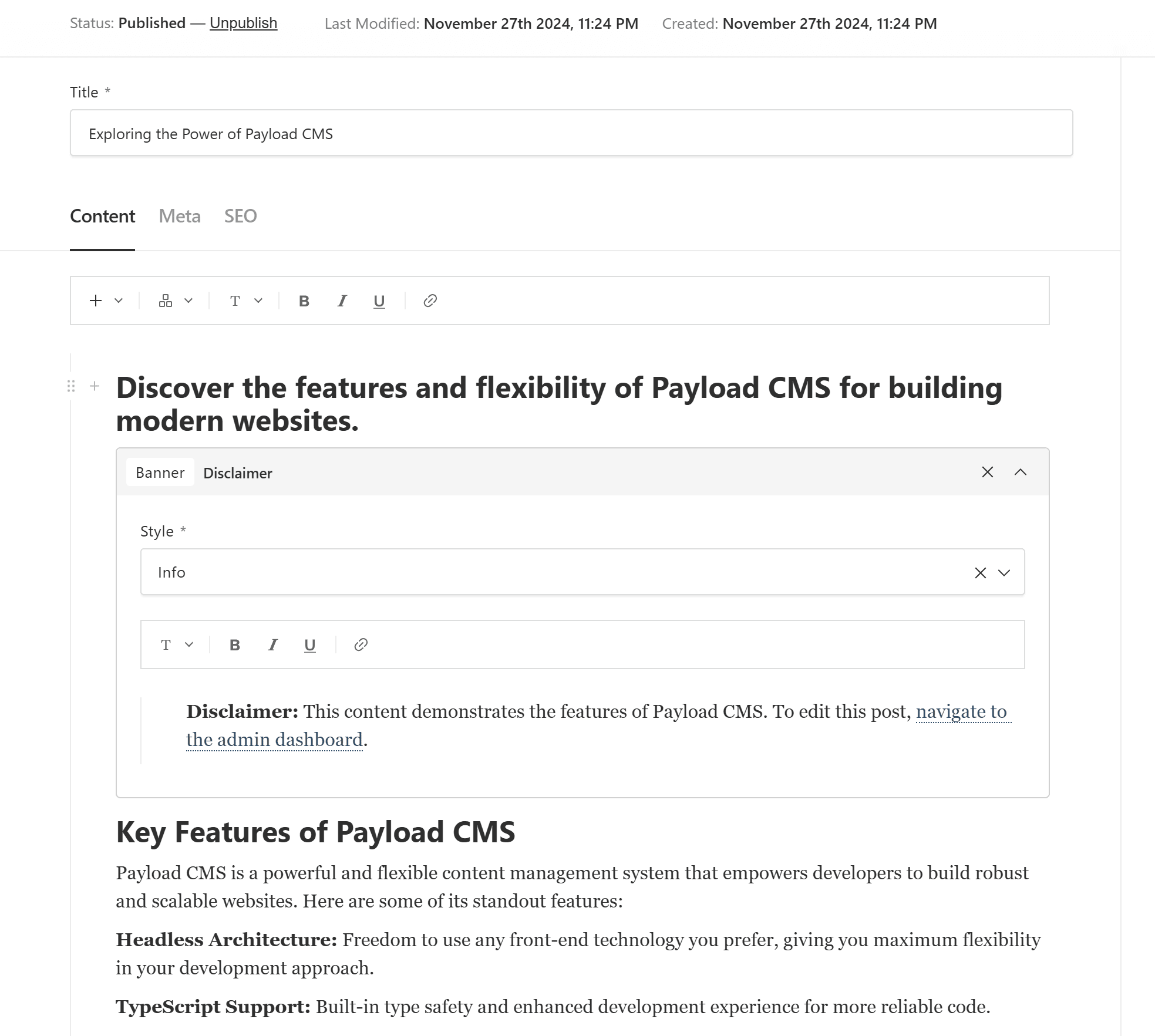 Payload CMS V3 content editor WYSIWYG