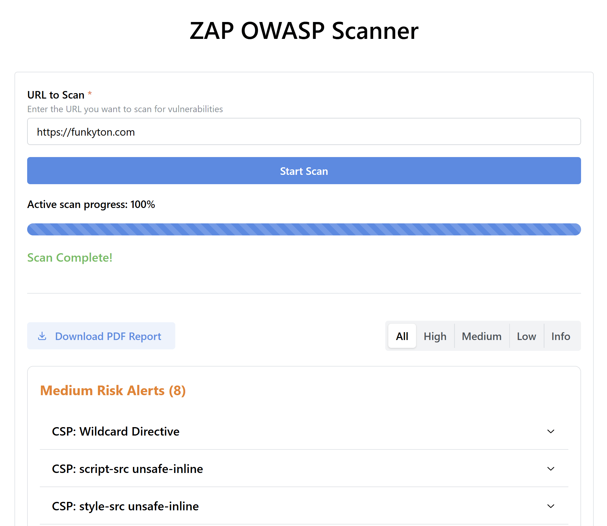 Web application user interface of ZAP OWASP showing completed scan results