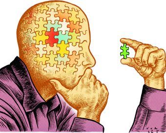 A man with puzzle pieces for a head, looking at a puzzle piece critically.