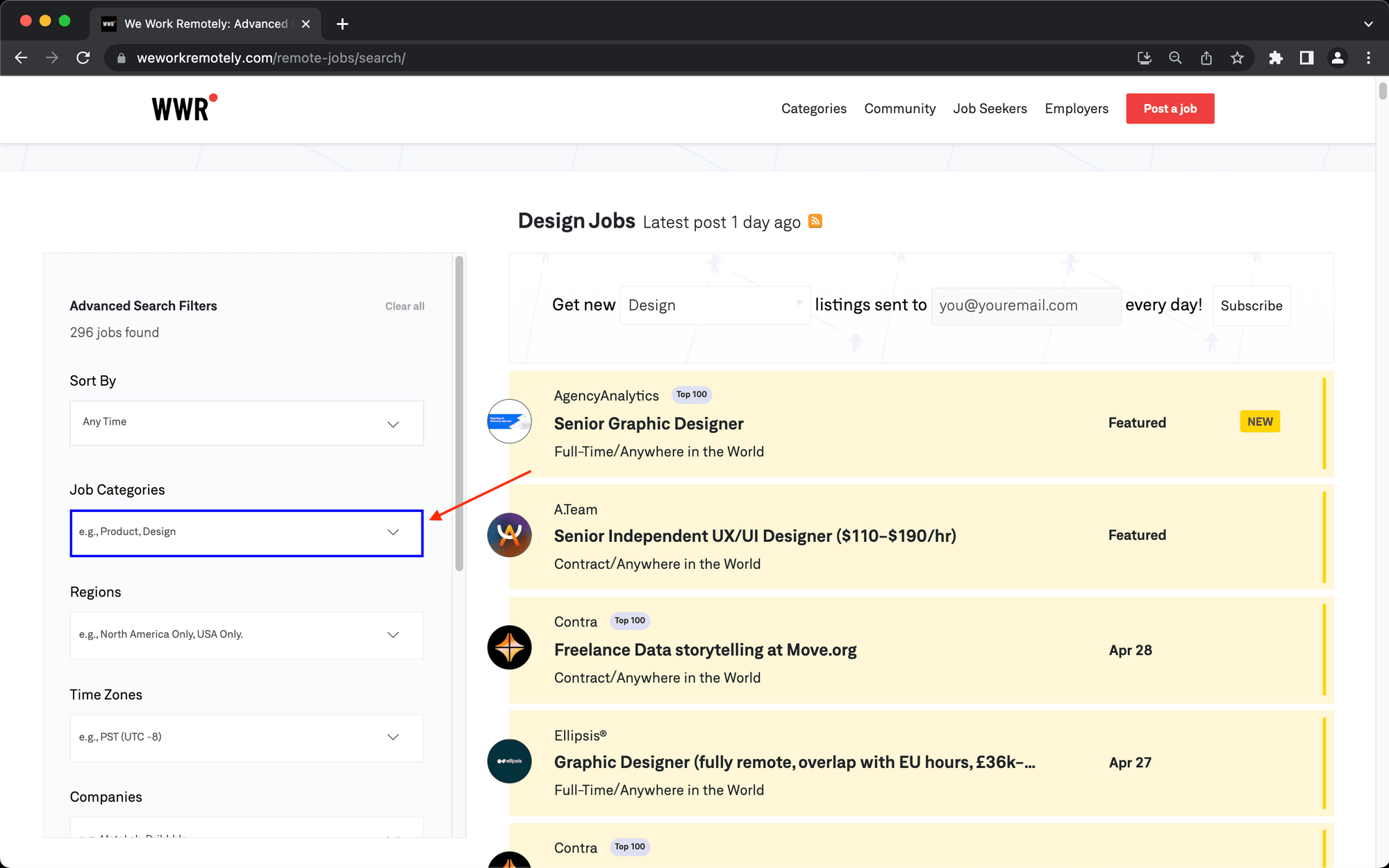 Screenshot of Browserbear Helper outline on job categories filter button