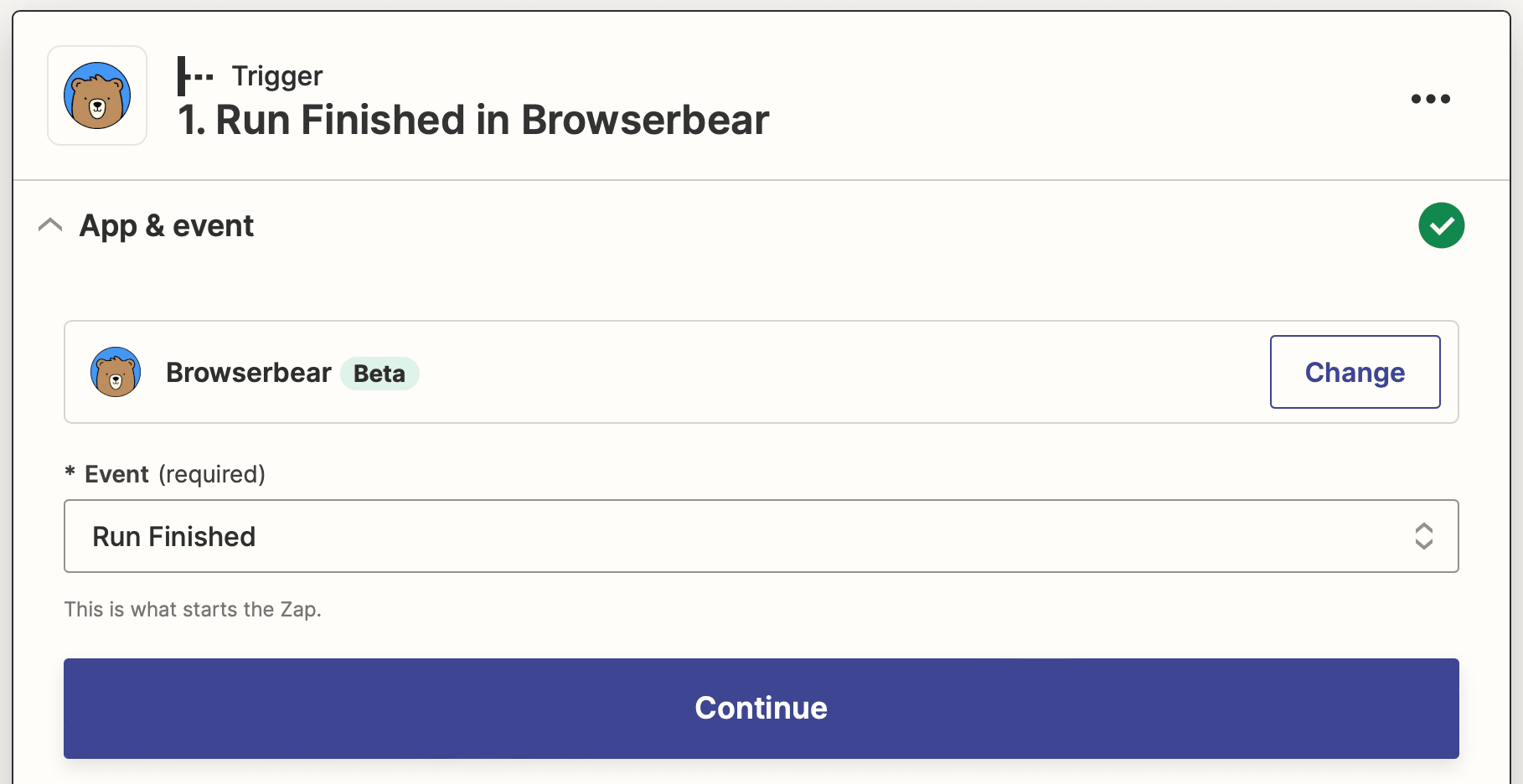 Screenshot of Zapier Browserbear run finished trigger setup