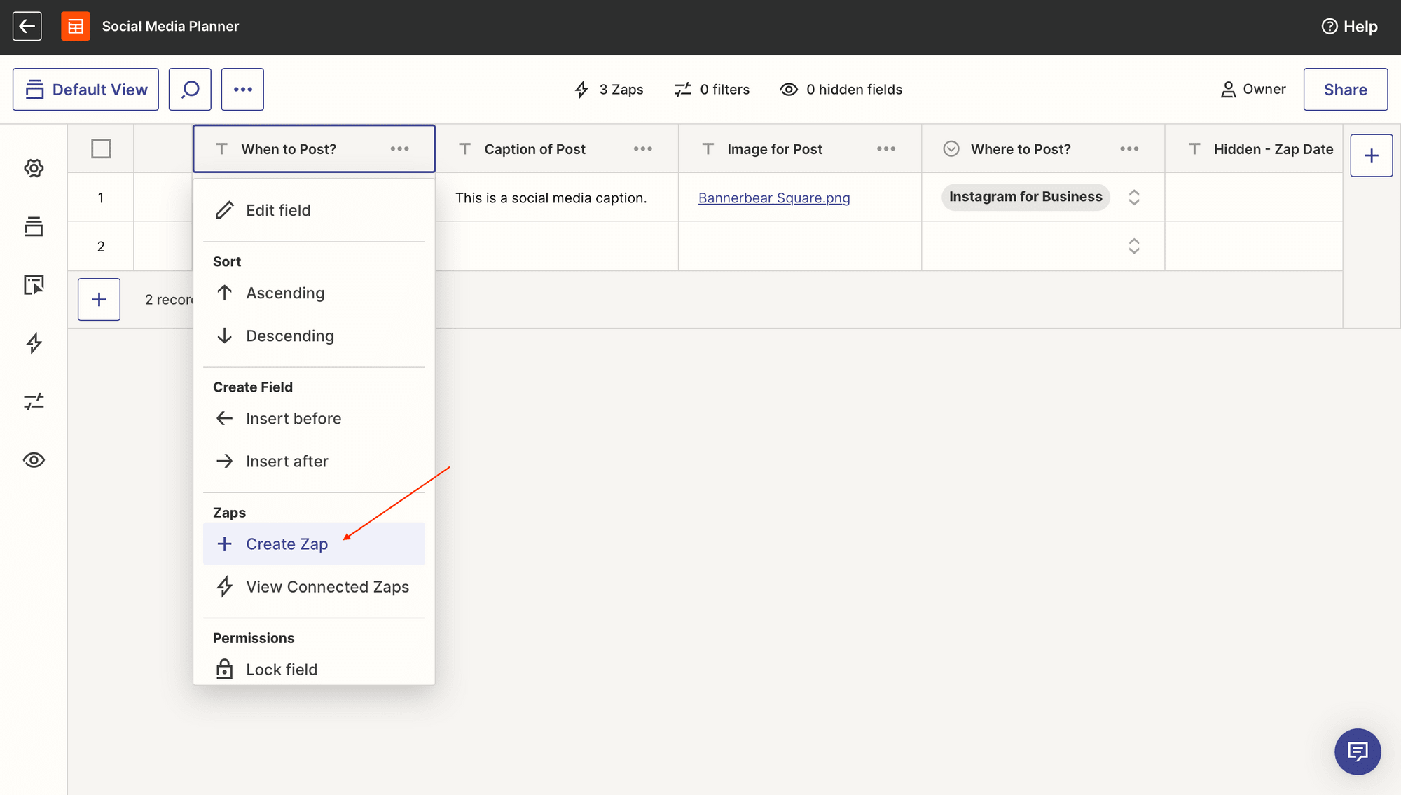 Screenshot of Zapier tables app with red arrow pointing to create zap