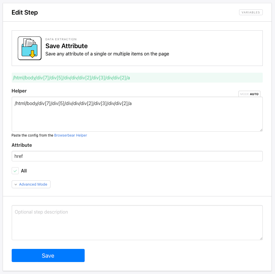 Screenshot of Browserbear save attribute step setup