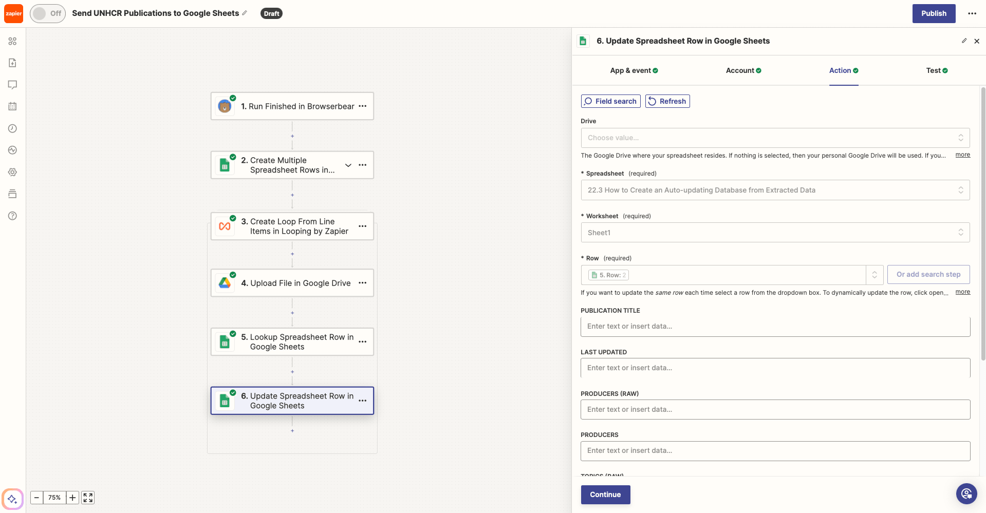 Screenshot of Zapier Google Sheets update spreadsheet row action