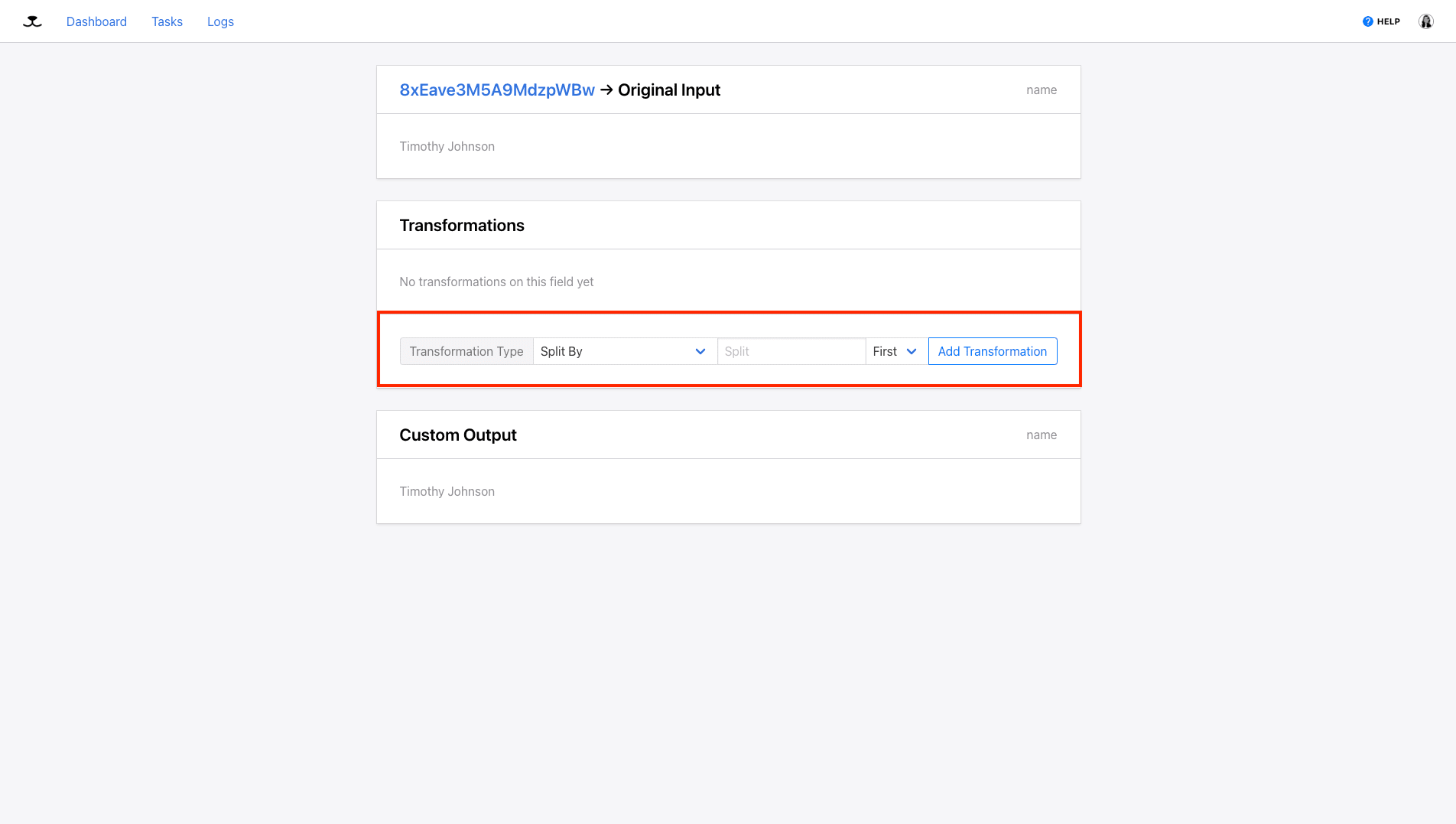 Screenshot of Roborabbit feed transformation setup outlined in red