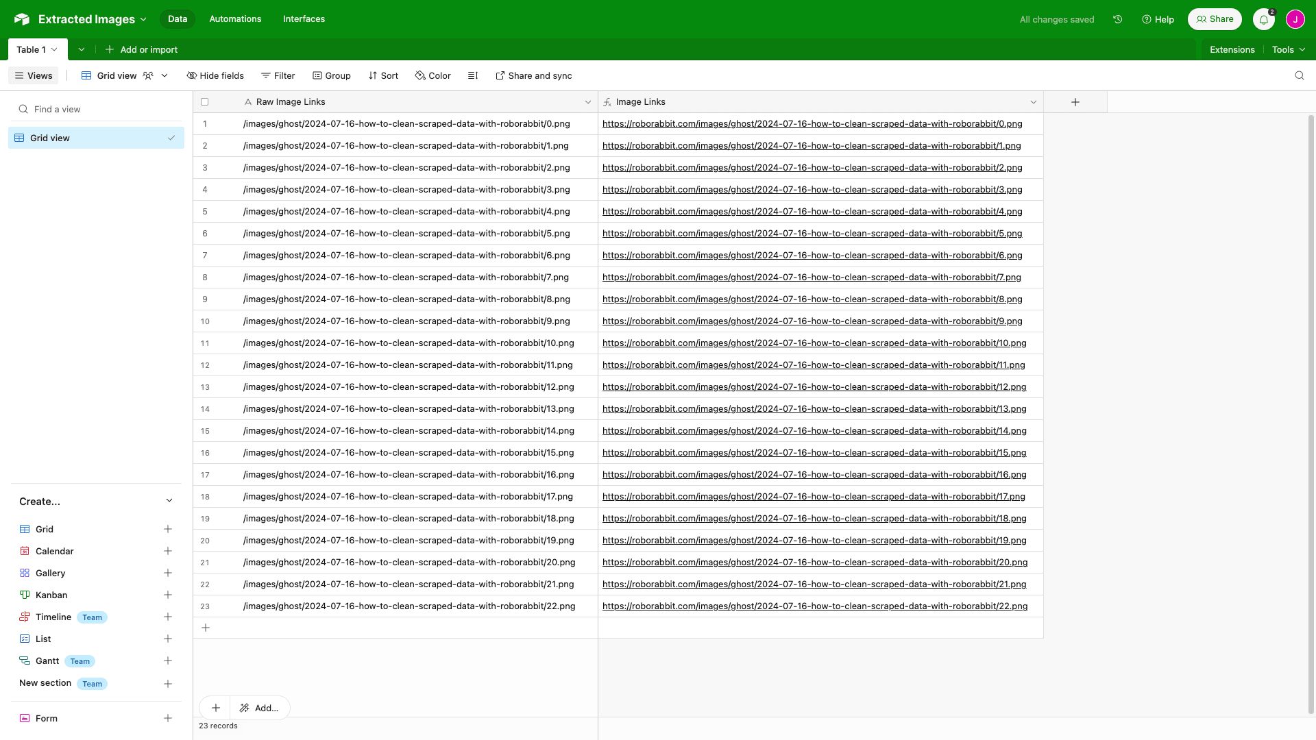 Screenshot of Airtable base populated with image links