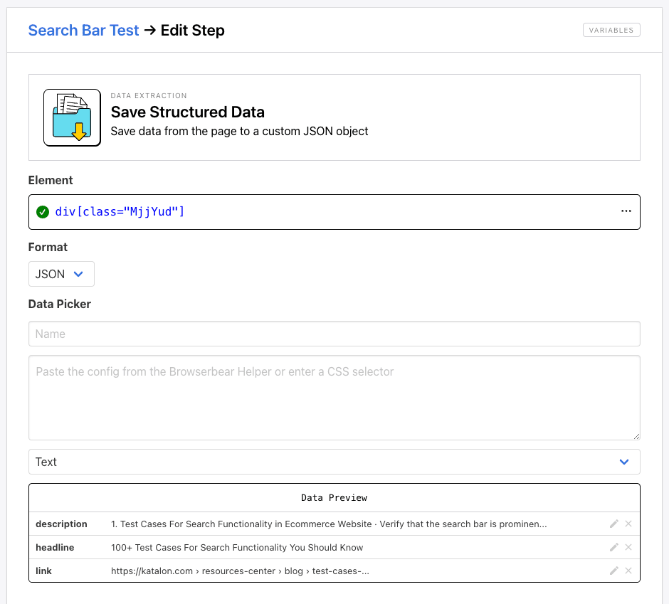 Screenshot of Roborabbit save structured data action setup