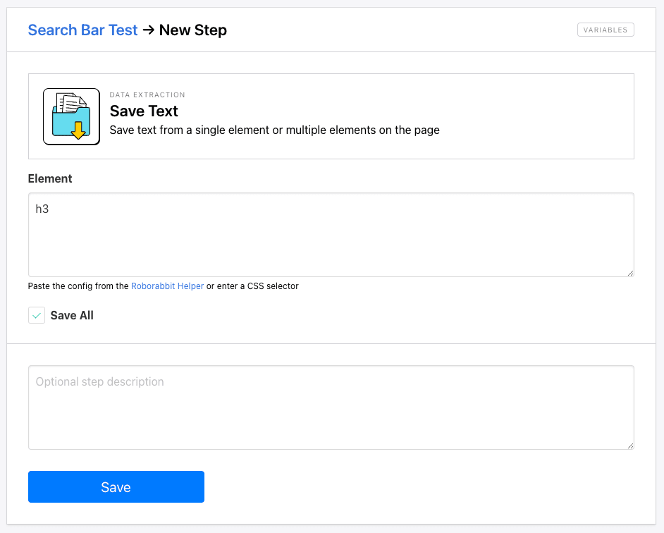 Screenshot of Roborabbit save text action setup