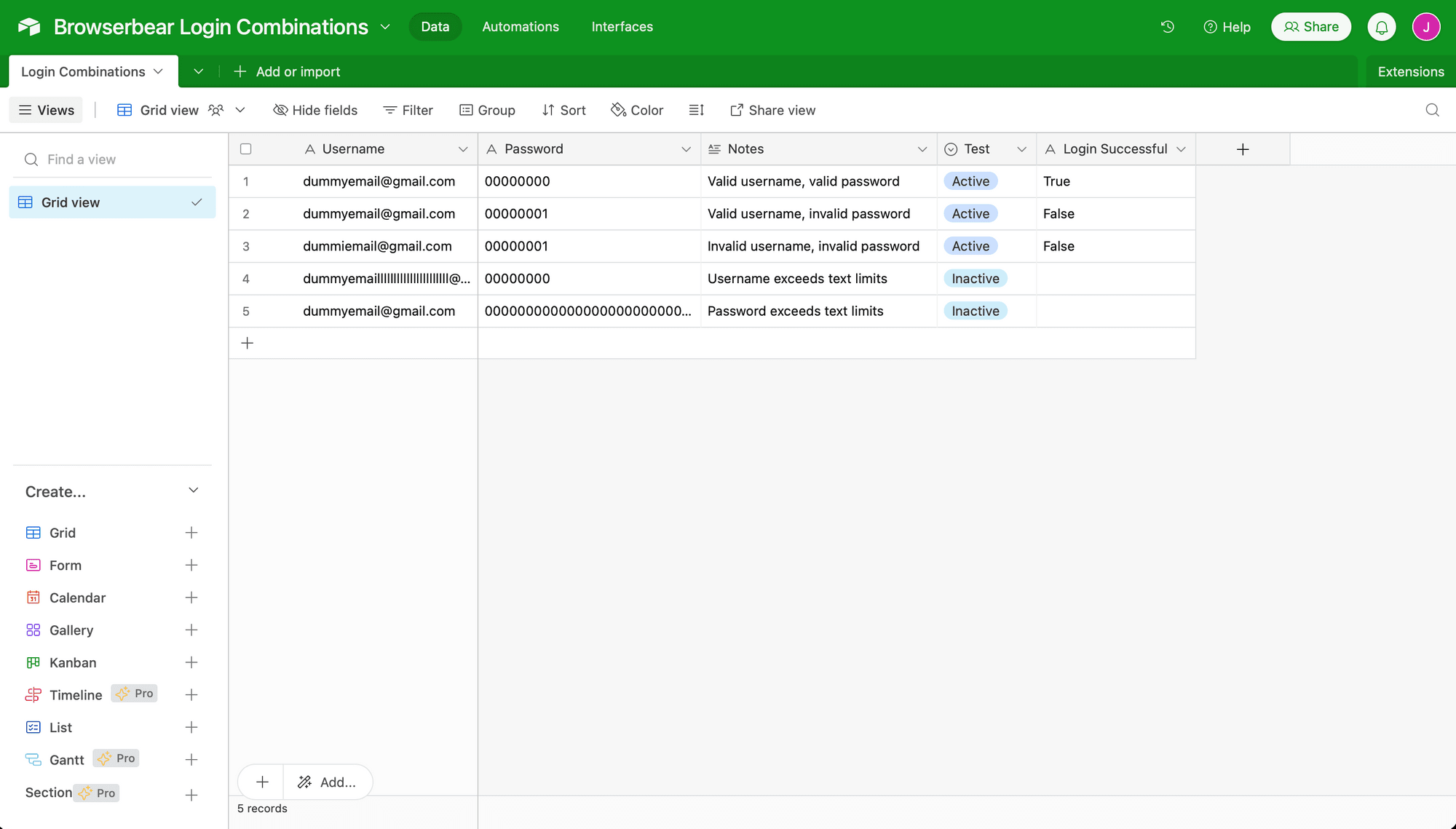 Screenshot of Airtable test login credentials base