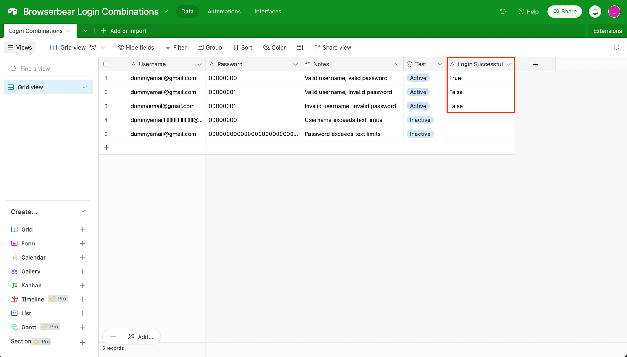 Screenshot of Airtable test login credentials base with red box around login status