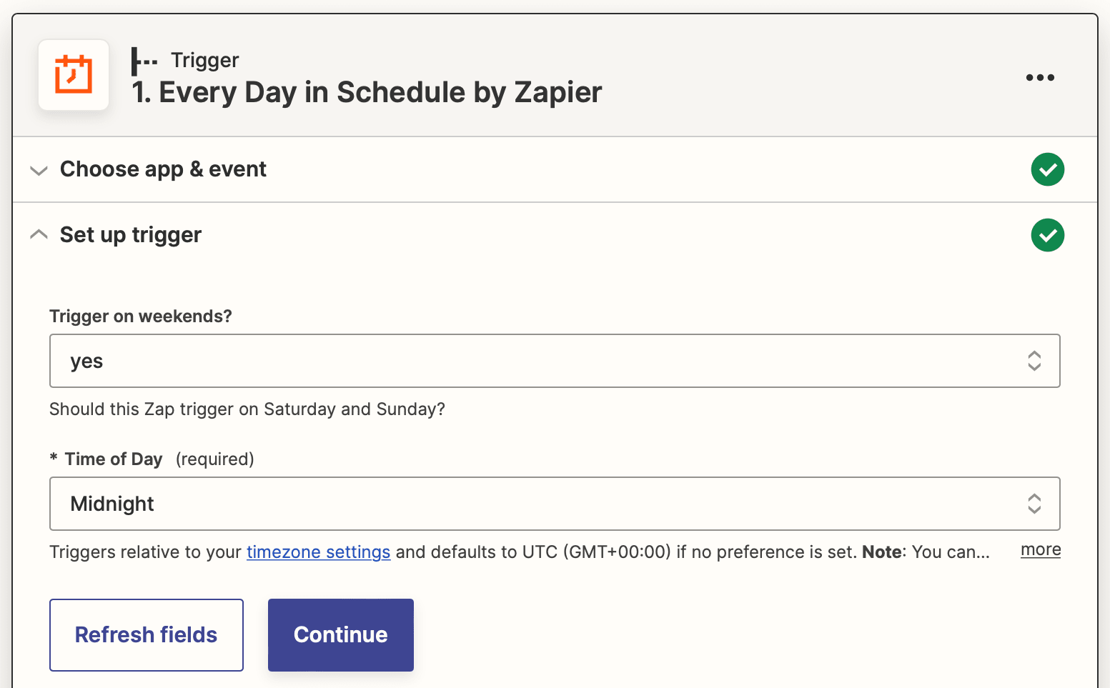 Screenshot of Zapier every day in schedule trigger setup