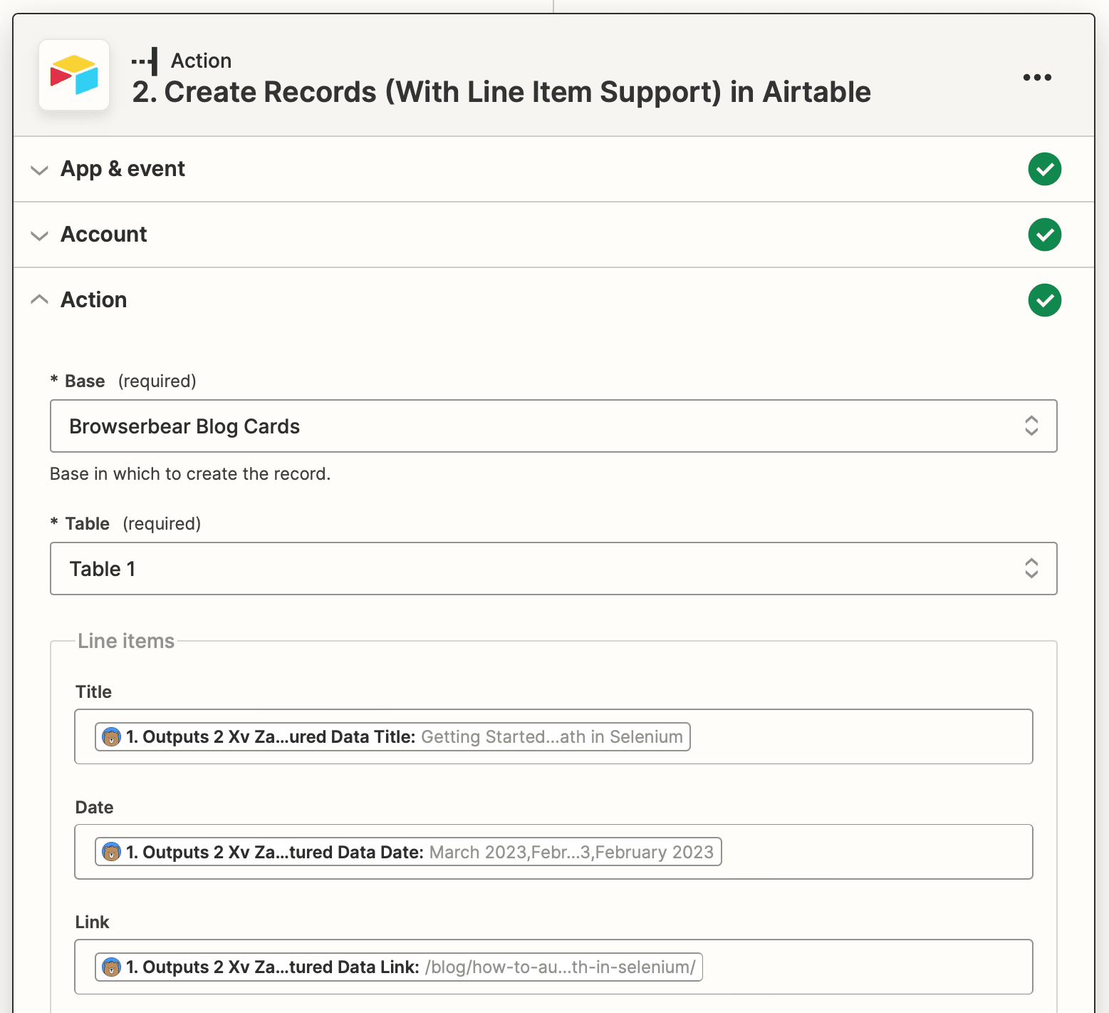 Screenshot of Zapier Airtable create records action setup