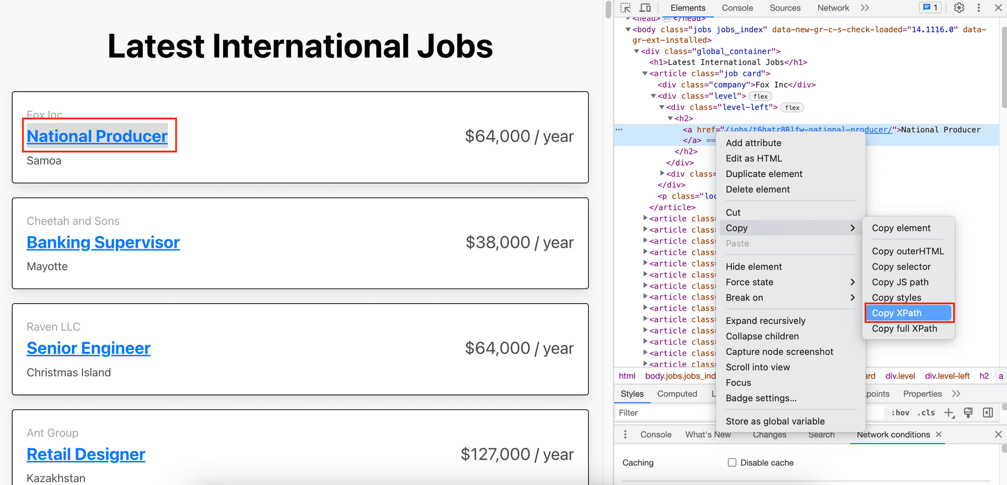 screenshot of copying the XPath from the browser inspector