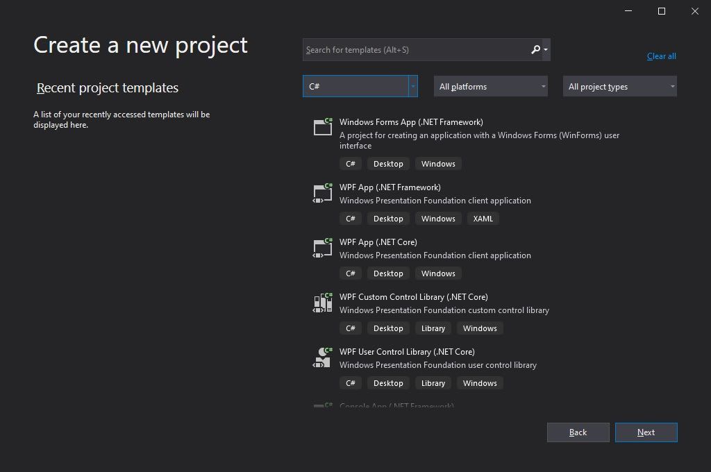 Initial screen in Visual Studio 2019 where appear the Windows Forms App option