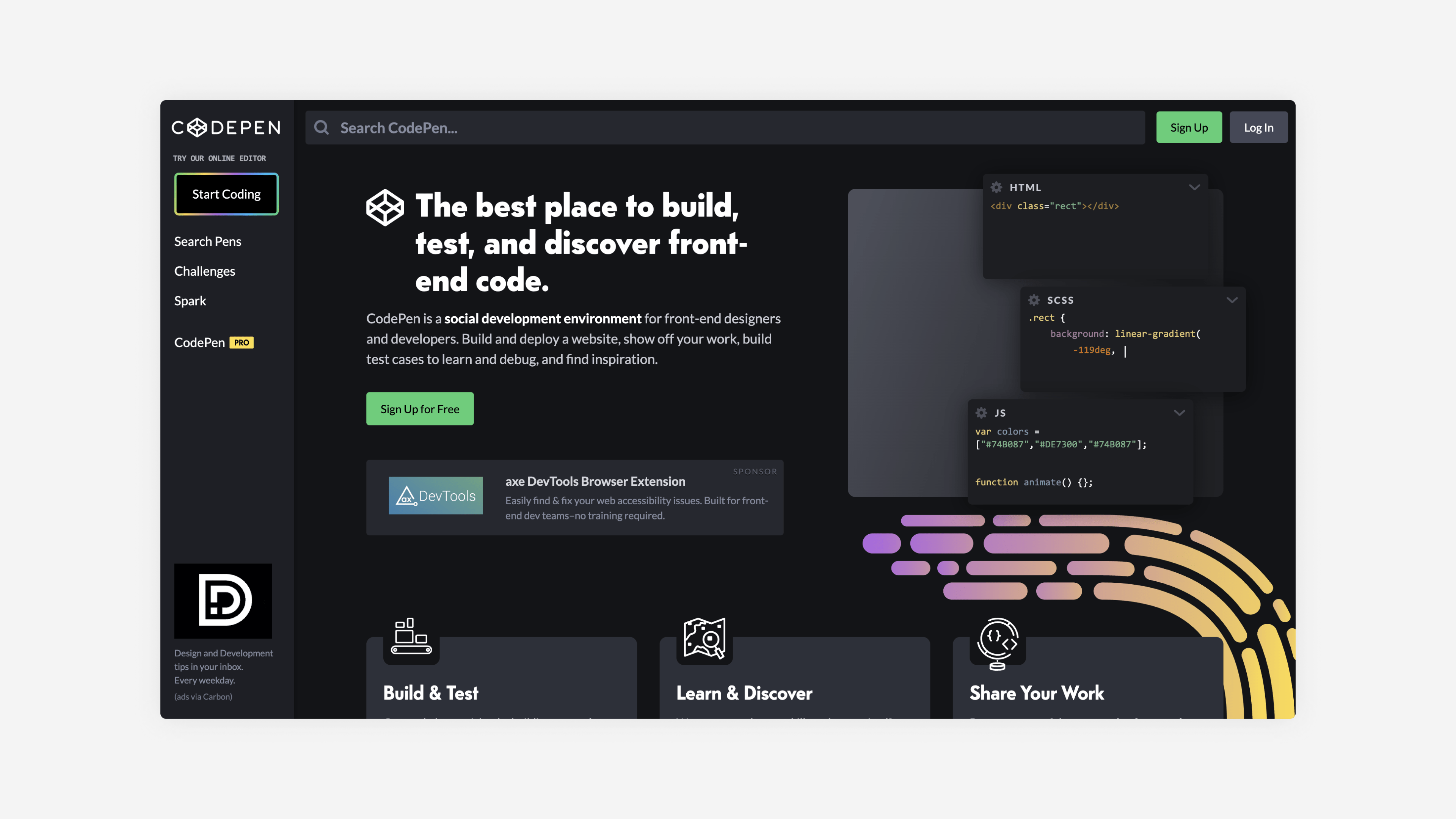 codepen's homepage