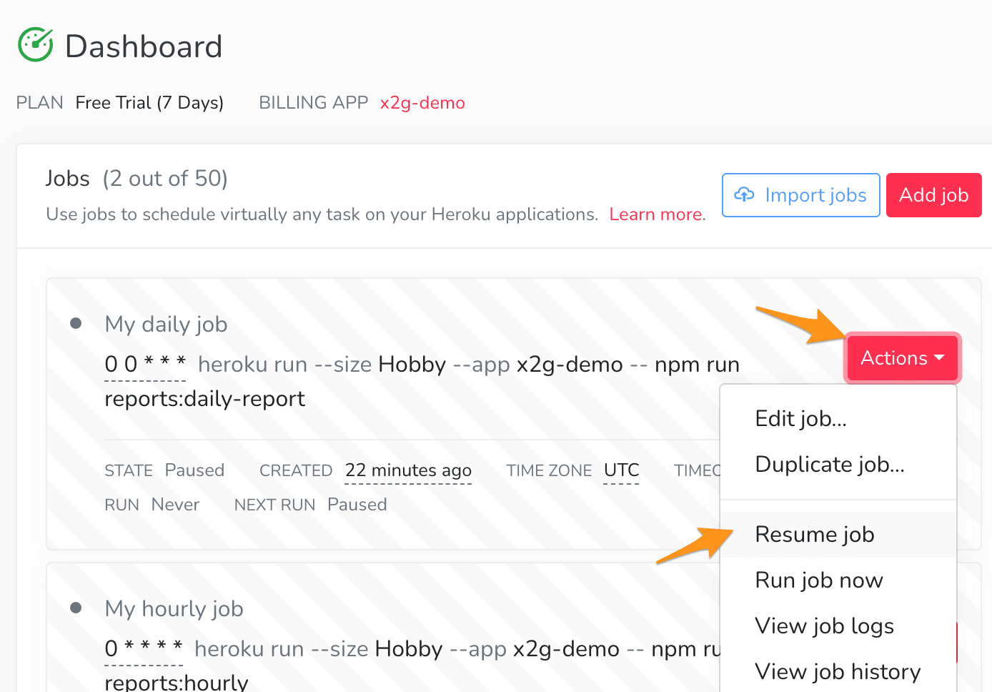 to enable a job, click Actions and Resume job