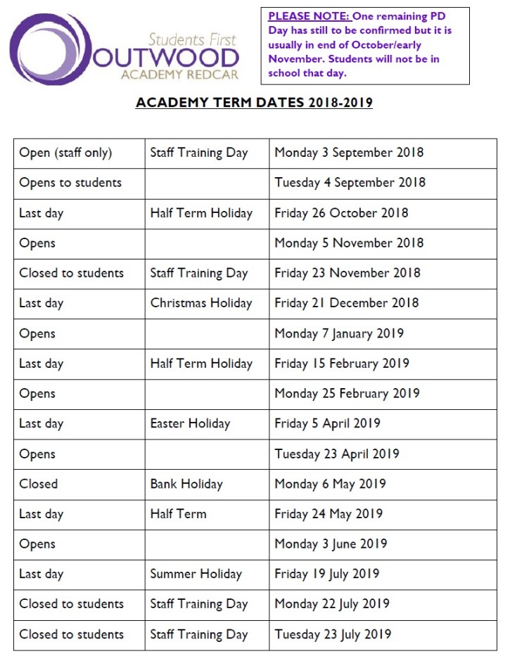 Term dates and closures outwood academy redcar