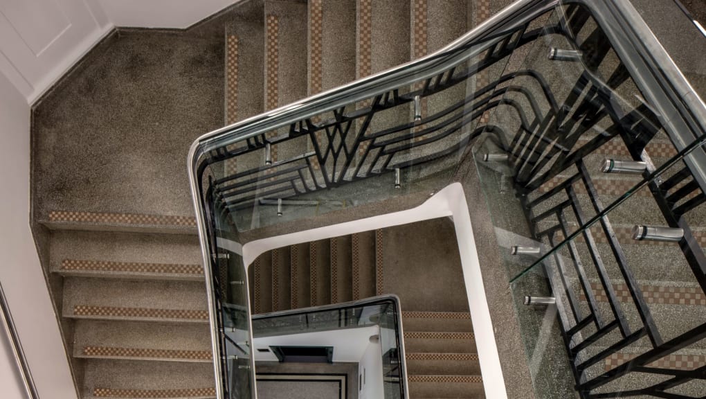 Interior view looking down the stairs in the Hoover Building