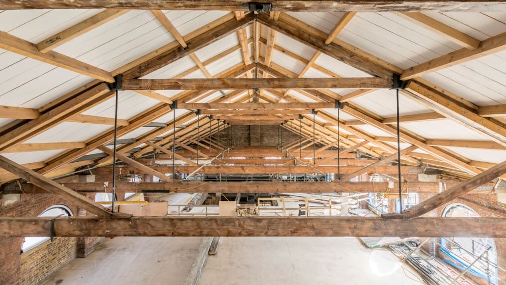 View of the construction of the roof in Coal Drops Yard in London