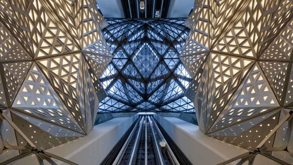 Interior view looking up at the roof in the Morpheus Hotel