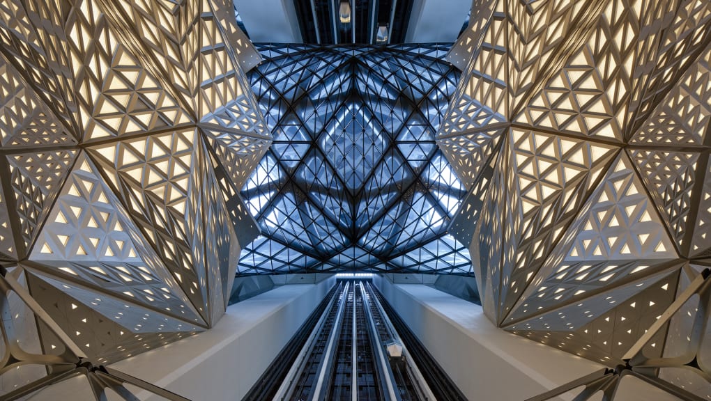 Interior view looking up at the roof in the Morpheus Hotel