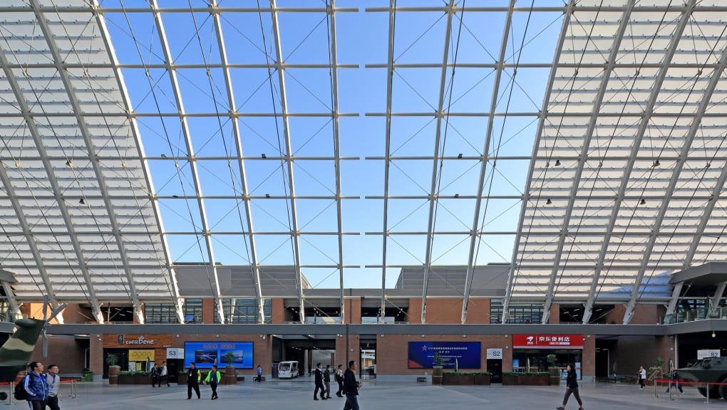 Interior view in the Qingdao world expo city showing the glass structure