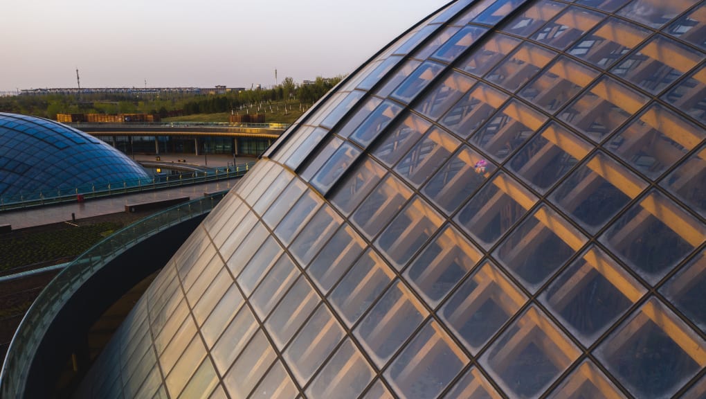 Outside day time side view of one of the Taiyuan botanical garden domes