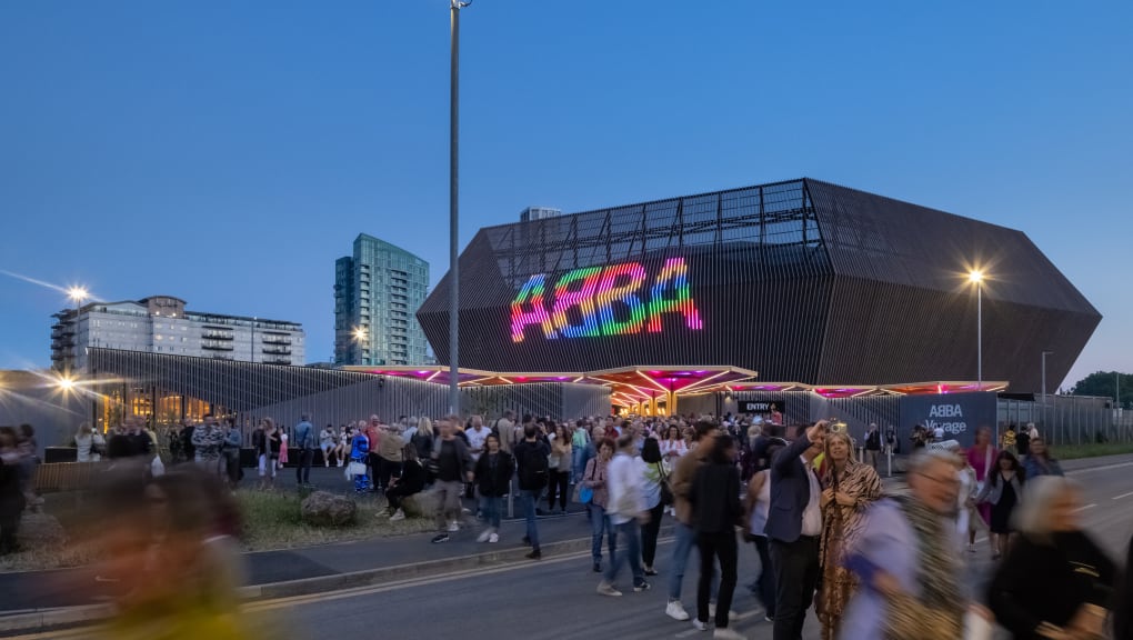 Exterior of ABBA arena at dusk. Copyright: Dirk Lindner courtesy of Stufish